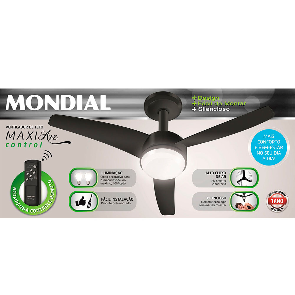 Ventilador de teto pás com controle remoto preto Maxi Air Black Control VTE Mondial